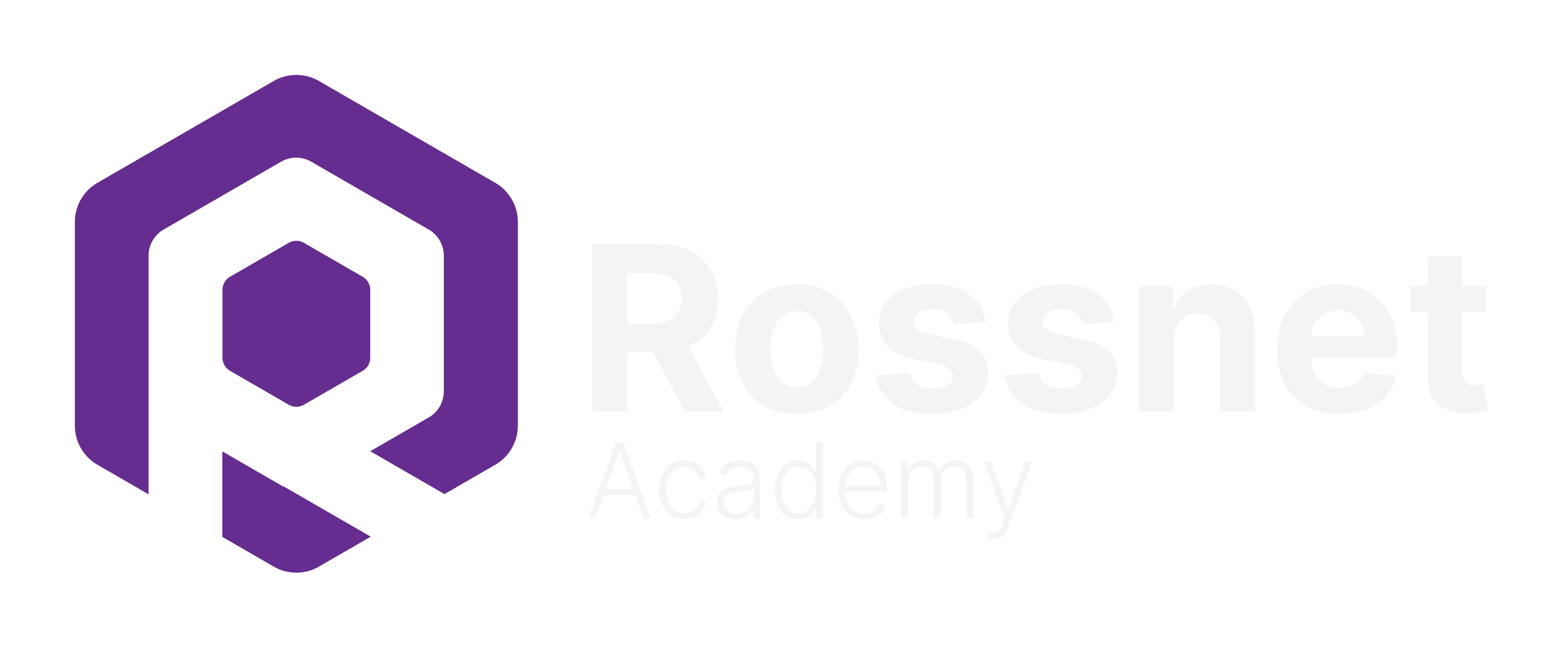 Purple Hexagon with white 'R' inside to represent 'Rossnet', followed by the text 'Rossnet Academy'.